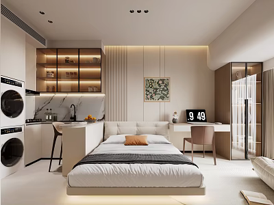 Modern Minimalist Studio Apartment With White Bed Kitchen Counter Washing Machine Desk And Decorative Painting 3d model