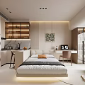Modern Minimalist Studio Apartment With White Bed Kitchen Counter Washing Machine Desk And Decorative Painting