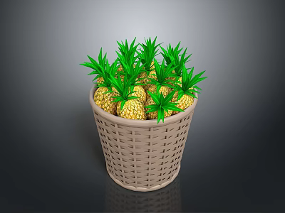 Decorative Wicker Basket Filled With Fresh Green Top Pineapples For Home 3d model