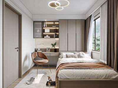 Tatami Bedroom Interior Design With Storage Cabinets Window Curtains And Wooden Bed 3d model