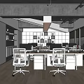 Modern Office Interior Design With White Office Chairs Wooden Desks Bookshelves And Large Windows