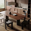 Modern Kitchen Dining Area With Wooden Cabinets Table Chairs Pendant Light And Stainless Steel Fridge