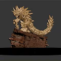 Golden Animal Statue Standing On Red Rock Base With Black Circular Plinth