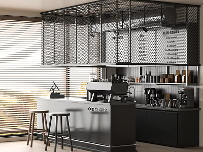 Cozy Café Interior With Black Bar Counter Metal Mesh Decor High Stools And Coffee Machine 3d model