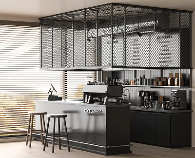 Cozy Café Interior With Black Bar Counter Metal Mesh Decor High Stools And Coffee Machine 3d model