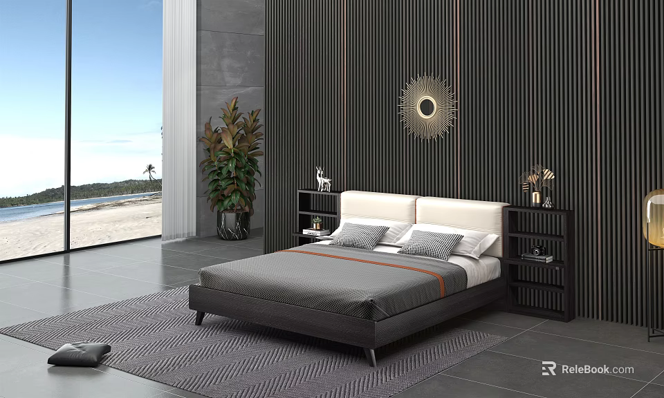 Modern Background Double Bed With Dark Vertical Striped Wall Circular Mirror And Sea View Window 3d model 