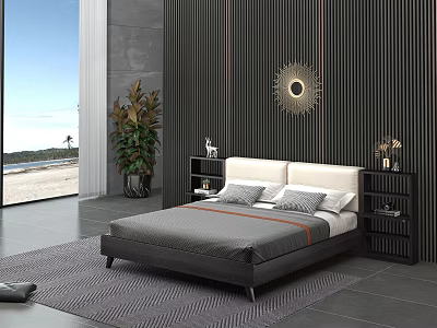 Modern Background Double Bed With Dark Vertical Striped Wall Circular Mirror And Sea View Window 3d model