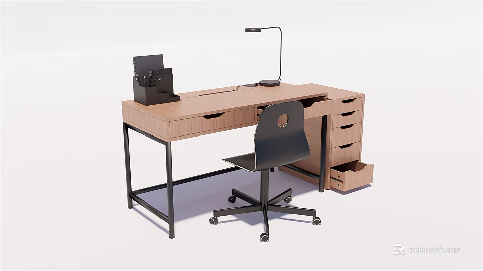 Wooden Desk with Black Metal Frame Table Lamp File Organizer Drawers and Office Chair Wheels 3d model 