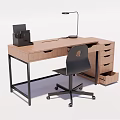Wooden Desk with Black Metal Frame Table Lamp File Organizer Drawers and Office Chair Wheels