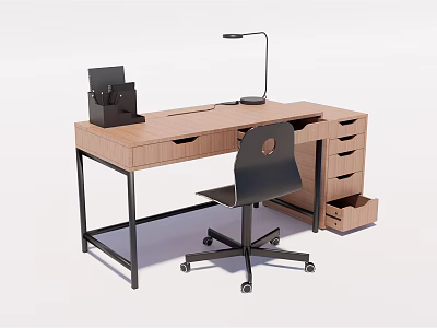 Wooden Desk with Black Metal Frame Table Lamp File Organizer Drawers and Office Chair Wheels 3d model