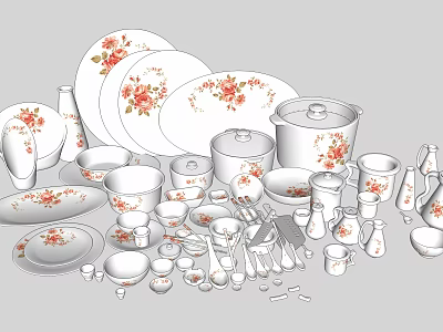 Complete Floral Pattern Dinnerware Set Including Plates Bowls Cups And Serving Dishes 3d model