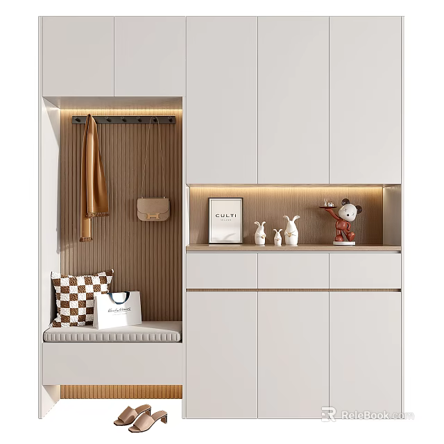 Modern White Shoe Cabinet with Seating Hooks Decorative Storage and Interior Lighting Design 3d model 