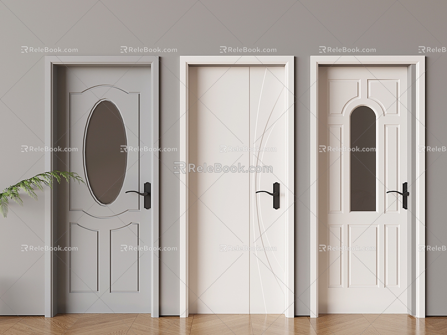 Cream wind single door hollow glass flat door solid wood door 3d model