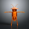 Orange Mantis 3D Model With Outstretched Limbs And Hat Like Structure Against Dark Background