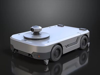 Silver Autonomous Mobile Robot with Camera and Wheels on Reflective Surface 3d model