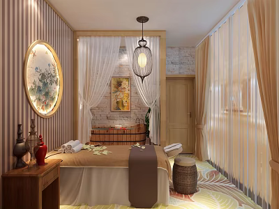 Serene SPA Sauna Interior With Striped Wallpaper Round Mirror Massage Bed And Wooden Bucket 3d model