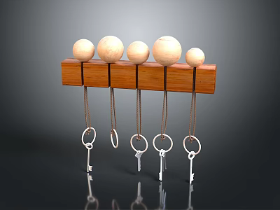 Minimalist Decorative Ornament Set with Wooden Base Spheres Chains and Key Pendants for Home Decor 3d model