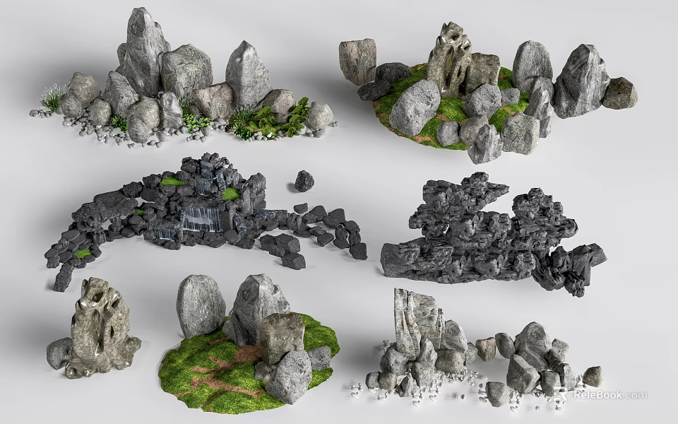Natural Stones and Wooden Pieces in Various Shapes for Outdoor Garden Decor 3d model 