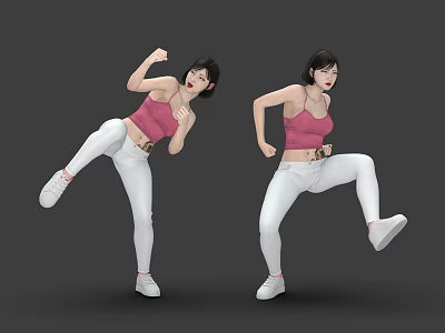 Women in Pink Tank Tops and White Pants Doing Kicking and Punching Moves 3d model