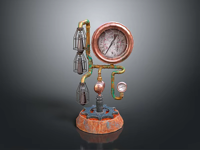 Steampunk Mechanical Device With Vintage Gauge Copper Pipes And Glass Bulbs On Rusted Metal Base 3d model