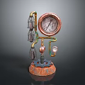 Steampunk Mechanical Device With Vintage Gauge Copper Pipes And Glass Bulbs On Rusted Metal Base