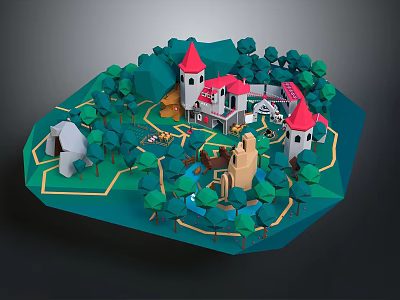 Enchanted Cartoon Scene With Red Roof Castle Green Trees Small Hut And Paths 3d model