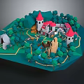Enchanted Cartoon Scene With Red Roof Castle Green Trees Small Hut And Paths