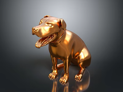Detailed Shiny Golden Dog Statue Sitting On Reflective Black Surface 3d model