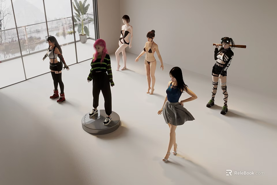 Women in Various Outfits Standing in White Room With Display Platform Large Windows and Plant 3d model 