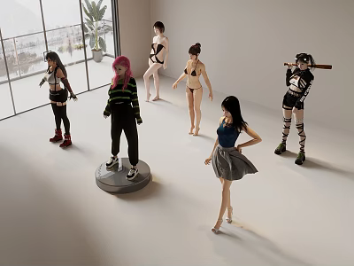 Women in Various Outfits Standing in White Room With Display Platform Large Windows and Plant 3d model
