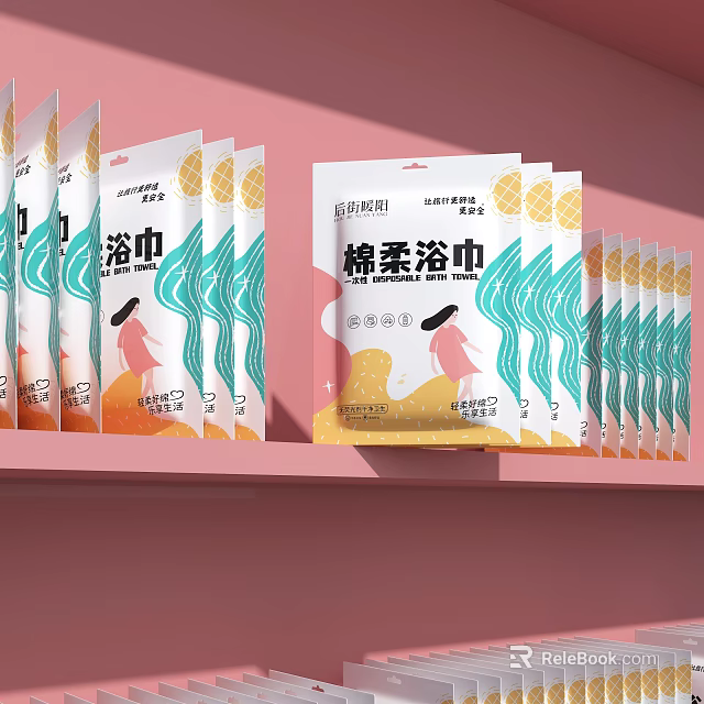 Cotton Soft Bath Towels Packaging With Female Silhouette Green Wave And Pink Background 3d model 