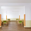 Bright Dining Room Interior With Long Tables Green Chairs Orange Pillars Wooden Flooring And Posters
