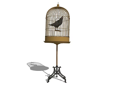 Decorative Birdcage Ornament Set With Black Bird And Golden Metal Stand 3d model