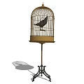 Decorative Birdcage Ornament Set With Black Bird And Golden Metal Stand