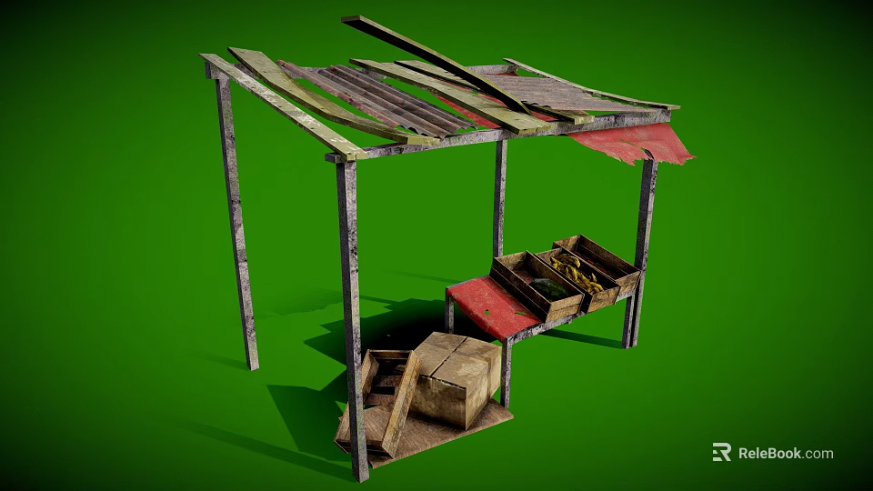 Rustic Wooden Stall Structure With Worn Planks Roof And Wooden Crates 3d model 