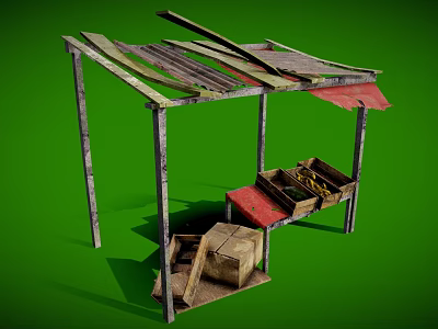 Rustic Wooden Stall Structure With Worn Planks Roof And Wooden Crates 3d model