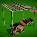 Rustic Wooden Stall Structure With Worn Planks Roof And Wooden Crates