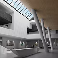Modern Cultural Center Interior Design With Skylight Staircase White Columns And Open Space