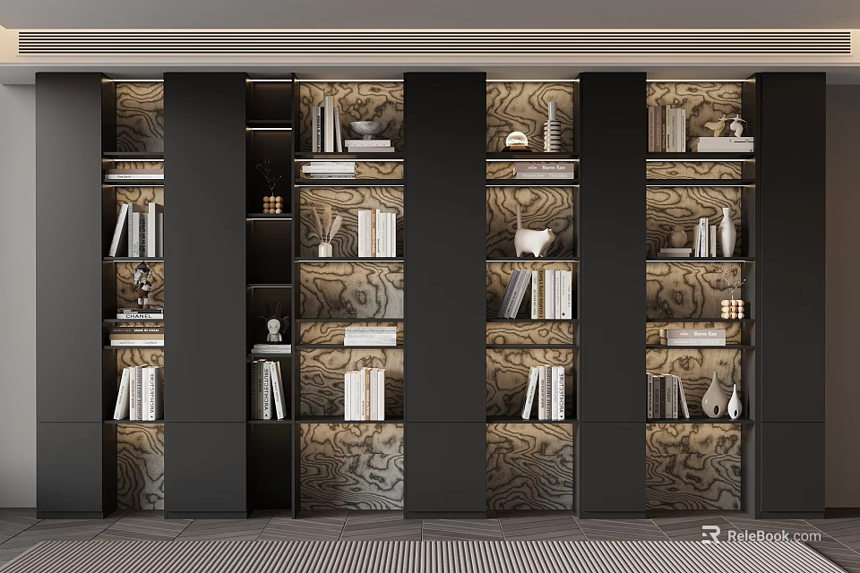 Stylish Modern Black Bookshelf With Books Decor Items And Patterned Background 3d model 