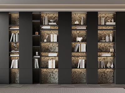 Stylish Modern Black Bookshelf With Books Decor Items And Patterned Background 3d model