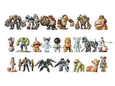 Various Colorful Action Figures Featuring Mech Hero Animal And Cartoon Designs 3d model