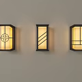 Three Wall Lamps On Light Colored Wall With Black Frames Translucent Panels And Geometric Patterns 3d model