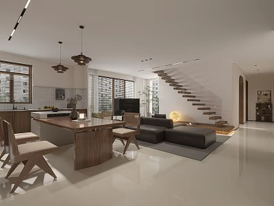 Modern Living and Dining Room With Wooden Table Sofa Staircase And Pendant Lights 3d model
