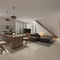 Modern Living and Dining Room With Wooden Table Sofa Staircase And Pendant Lights