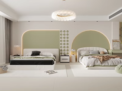 Modern Bedroom Interior With Two Beds Light Green Arched Walls Circular Decorations And Pendant Light 3d model