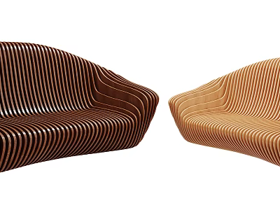 Modern Curved Public Chairs With Striped Wooden Design In Dark Brown And Light Brown 3d model