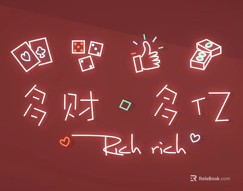 Decorative Neon Style Lights Featuring Playing Cards Thumbs Up Gestures Money Bags for Fortune Wealth 3d model 