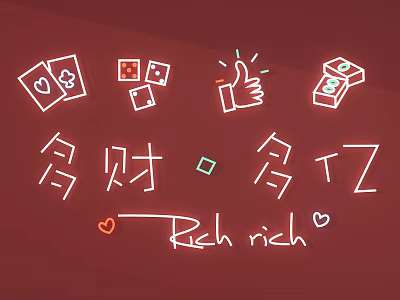 Decorative Neon Style Lights Featuring Playing Cards Thumbs Up Gestures Money Bags for Fortune Wealth 3d model