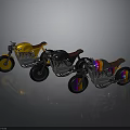 Three Custom Motorcycles With Yellow Black Colorful Designs Leather Seats And Reflections