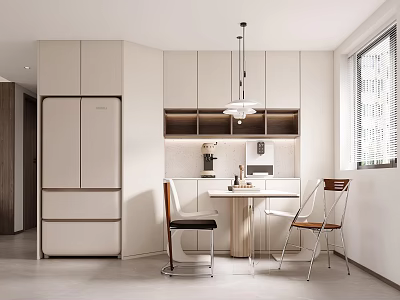 Modern Restaurant Kitchen Interior Design With White Cabinets Dining Table Chairs And Pendant Light 3d model